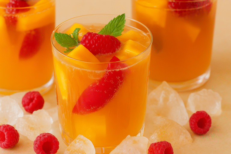 Alt text: Homemade mango iced tea with fresh mangoes and mint